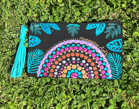 Trousse mandala pompon macramé turquoise