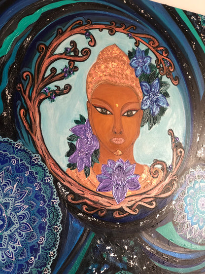 Toile énergétique « Bouddha ,les 7 Chakras, planètes de l’univers, protection ».