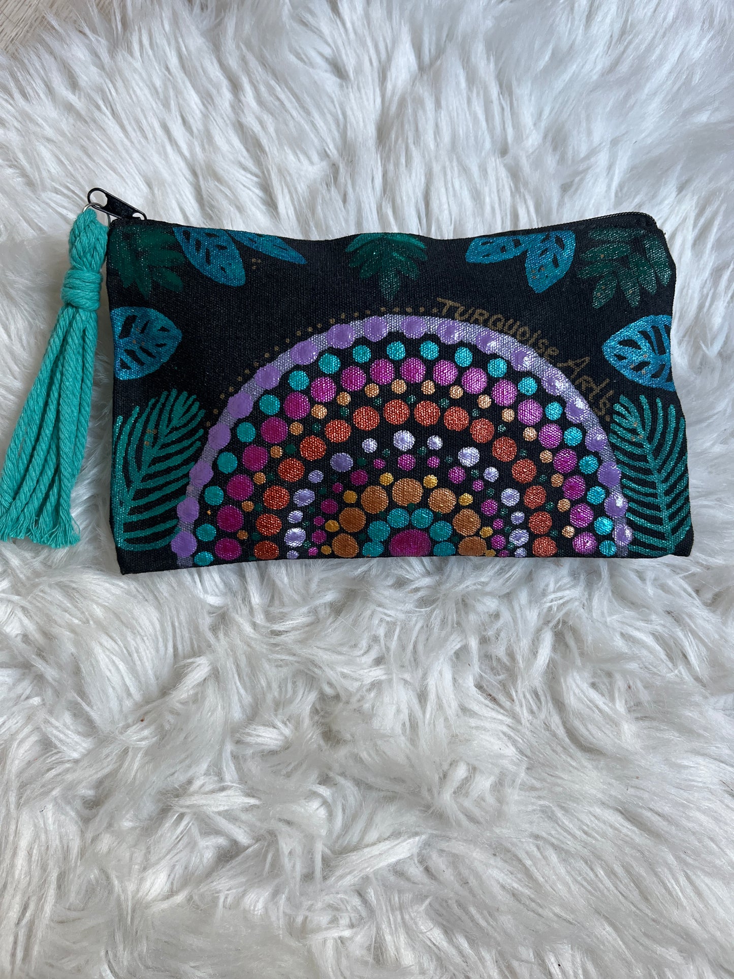 Trousse mandala pompon macramé turquoise